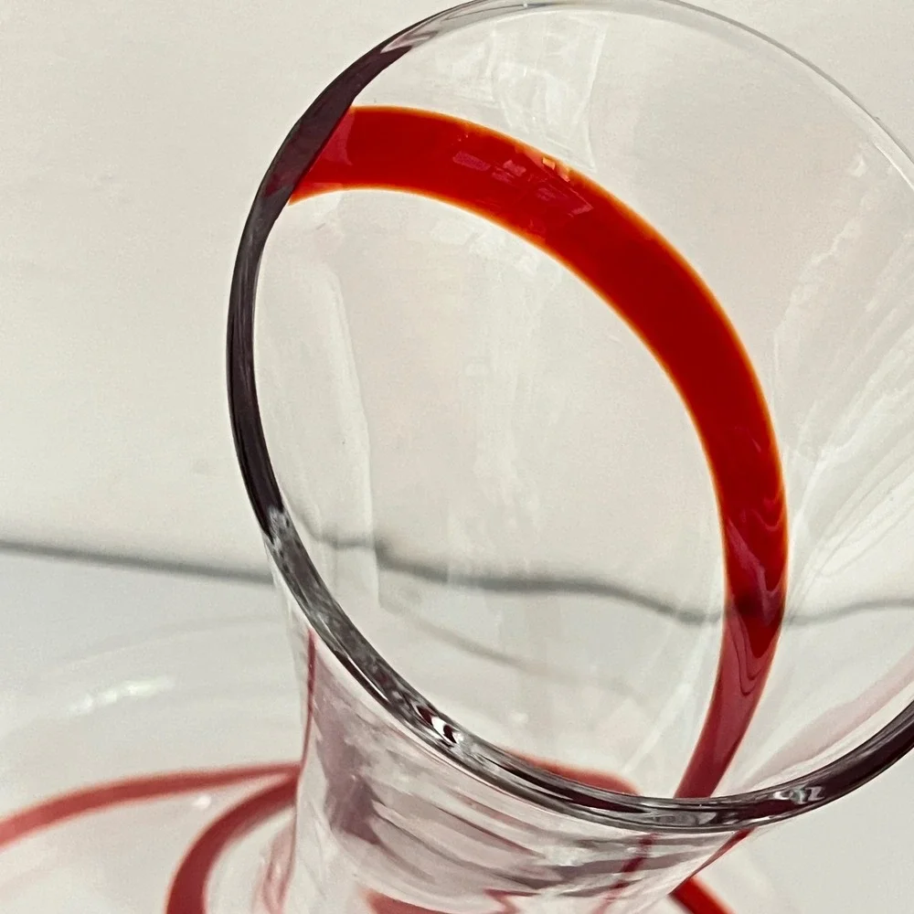 Pier 1 Wine Decanter  Clear Red Swirl Mouth Blown Glass Carafe 450/4511
